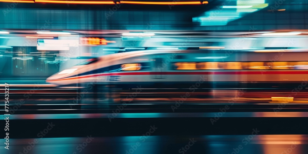 A train is moving through a city at night. The train is blurry, giving the impression of motion. The city lights in the background create a sense of energy and excitement A train is moving through a city at night. The train is blurry, giving the impression of motion. The city lights in the background create a sense of energy and excitement