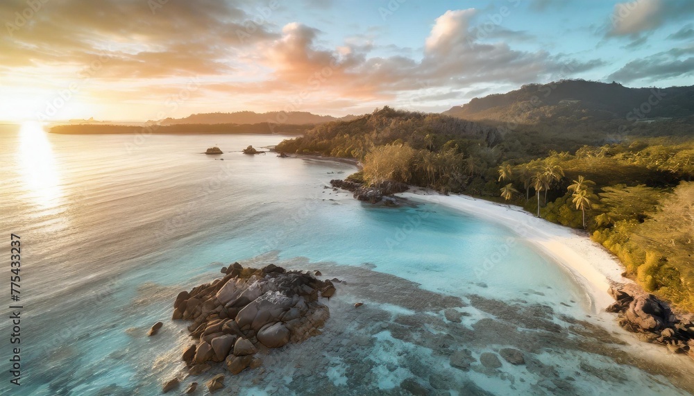 aerial drone wide photo of paradise exotic lagoon with turquoise rocky beach