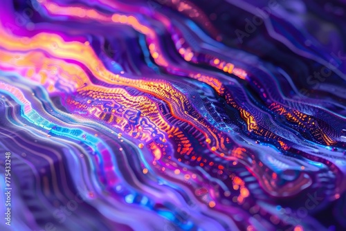 Vivid colors like purple, violet, magenta, and electric blue create a liquidlike pattern in a closeup shot of an abstract painting on a dark background