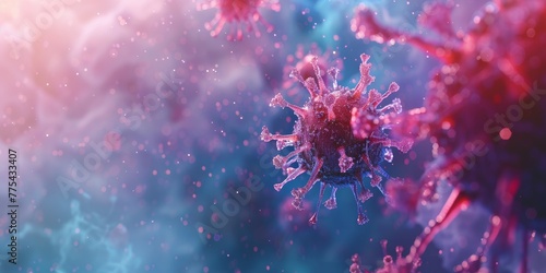 A close up of a virus with a pinkish hue. The virus is surrounded by a blue background