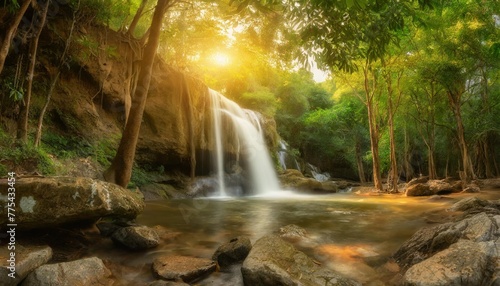 wide panorama beautiful fresh green nature scenic landscape waterfall in deep tropical jungle rain forest famous landmark outdoor travel saraburi thailand spring background tourism destination asia