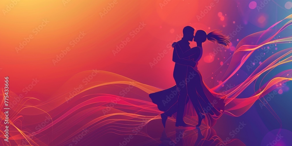 A couple is dancing in a colorful background. The image has a romantic and lively mood. The colors of the background and the couple's clothing create a sense of passion and excitement A couple is dancing in a colorful background. The image has a romantic and lively mood. The colors of the background and the couple's clothing create a sense of passion and excitement