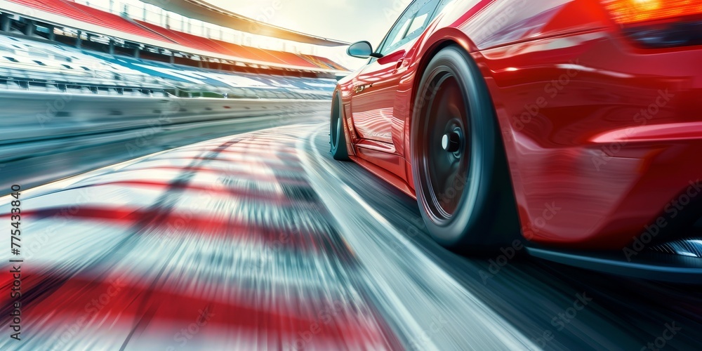 A red sports car is speeding down a race track. The car is in motion and he is going very fast. Concept of excitement and adrenaline, as if the viewer is watching a thrilling race A red sports car is speeding down a race track. The car is in motion and he is going very fast. Concept of excitement and adrenaline, as if the viewer is watching a thrilling race