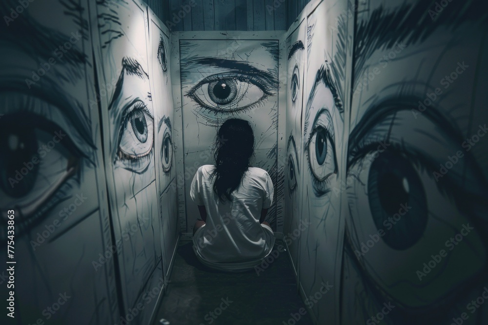 Woman in a dim corridor, enclosed by surreal eye drawings, evoking a feeling of psychological turmoil - obrazy, fototapety, plakaty 