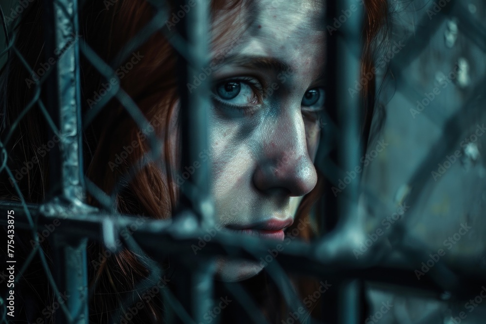 Woman's despairing expression as she looks through a metallic cage, representing mental confinement - obrazy, fototapety, plakaty 