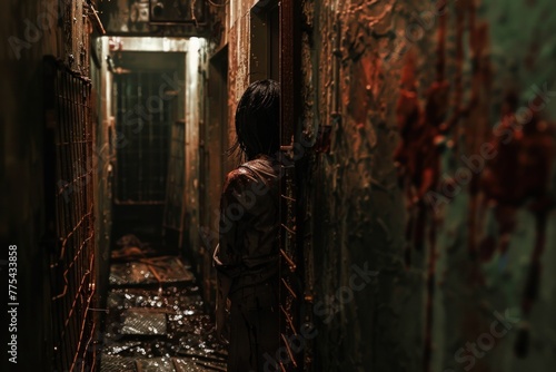 Eerie sight of a dimly lit, narrow hallway with bloodstained handprints and a lone figure