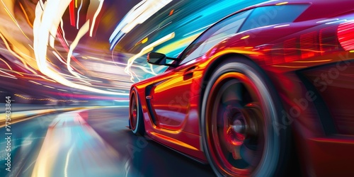 A red sports car is speeding down a road with a blurred background. The car is the main focus of the image  and the blurred background suggests motion and speed. Scene is energetic and exciting