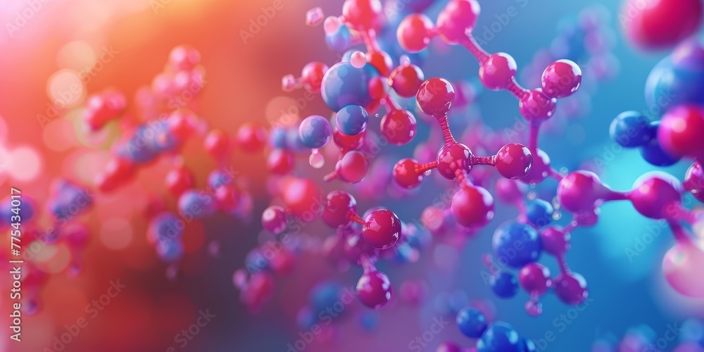 A colorful image of molecules with a blue and pink background. Concept of vibrancy and energy, as the molecules are depicted in various shades of red and blue