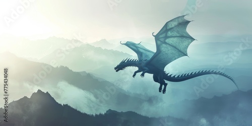 A blue dragon is flying over a mountain range. The sky is cloudy and the mountains are covered in trees. The dragon is the main focus of the image, and it is soaring through the air with grace