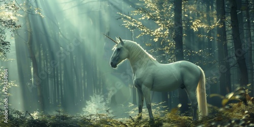 A white unicorn stands in a forest with sunlight shining through the trees. Concept of magic and wonder  as the unicorn is a mythical creature often associated with fantasy and imagination