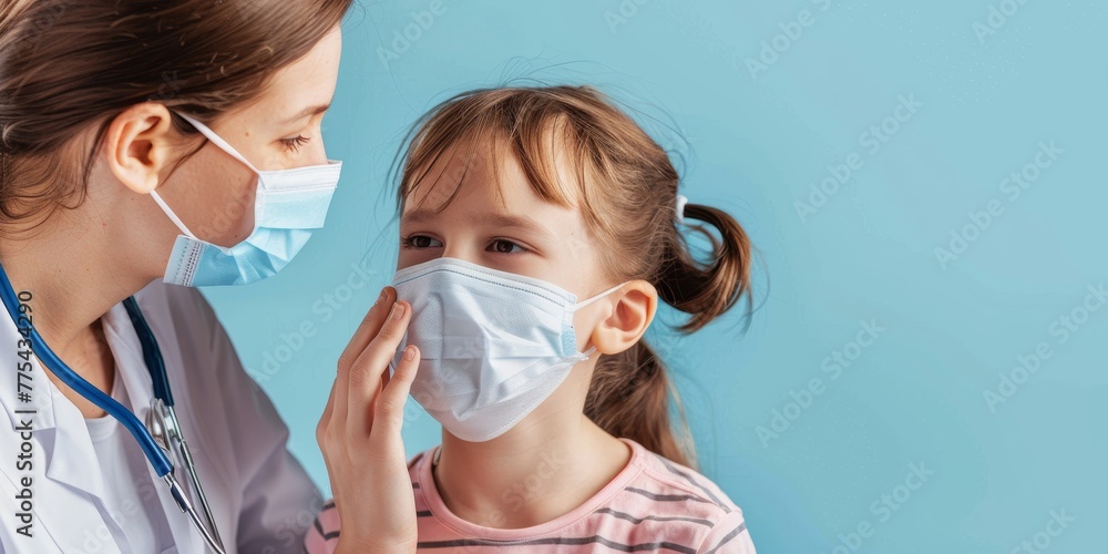 A woman is holding a child's face and putting a mask on her. The child is crying