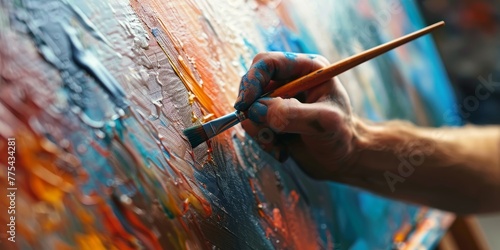 A man is painting a picture with a brush. The painting is colorful and has a lot of texture. The man is using a lot of different colors and seems to be enjoying the process of creating the painting