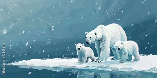 A painting of three polar bears standing on a frozen lake. The painting has a serene and peaceful mood, with the bears looking out onto the water