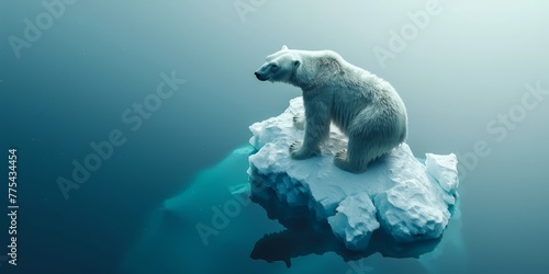 A polar bear is standing on a piece of ice. Concept of isolation and vulnerability, as the bear is alone on a small piece of ice in the vast ocean. The white bear's fur contrasts with the blue water