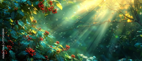  A painting of a forest with red berries on a branch and sunlight filtering through leaves and branches
