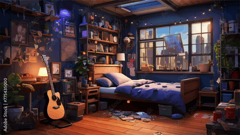 Cozy Teen Bedroom with Musical Influence and City View, vector illustration
