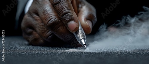   Close-up photo of person writing on paper with smoke rising from behind them and pen in hand #775435073