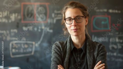 teacher in a classroom with the blackboard in the background