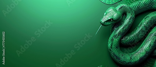   A green snake on a green background with a hook in its mouth and a leaf in its mouth can be optimized to Snake with hook and leaf on green background photo