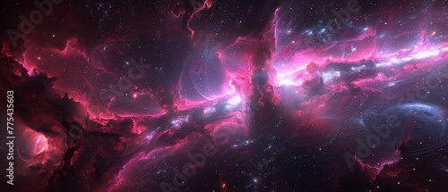   A colorful digital illustration of cosmos featuring starry backdrop and a central planet in shades of pink and blue photo
