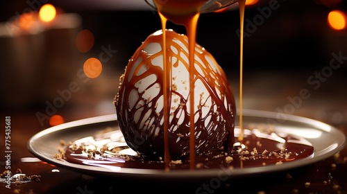 Slow-motion video of a chocolate Easter egg being drizzled with caramel sauce photo