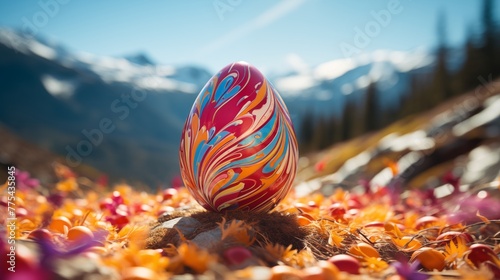 Slow-motion video of an Easter egg being rolled down a hill, leaving a trail of vibrant colors behind it photo