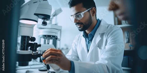 Doctor of Indian origin works with microscope in clinic