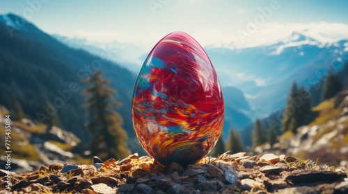 Slow-motion video of an Easter egg being rolled down a hill, leaving a trail of vibrant colors behind it photo