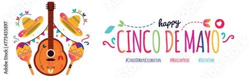 Cinco De Mayo. 5th May Happy Cinco de Mayo day, Mexican celebration cover banner with colourful text, Mexican guitar, maracas, hat on white background. Mexico Fiesta invitation card, banner, post.