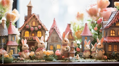 Whimsical Easter bunny village with quaint cottages and shops