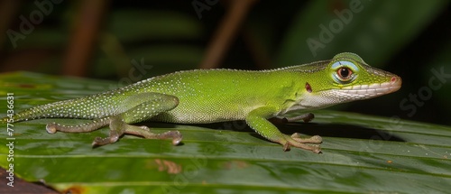  a green lizard perched on a leaf amidst a blurry background of trees and bushes