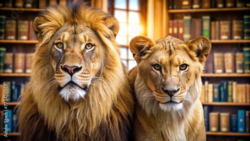 Majestic African lion couple inside a library