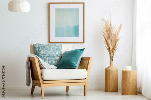 Bright corner of contemporary living room with Wicker chair and cushions beside a Wicker plant holder set against a white wall with an abstract wall art print interior room design mockup © RCH Photographic