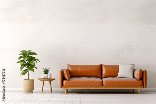 Brown leather sofa with cushings aside an occasional table and potted floor plant set on painted floorboards against an off white plain wall interior room design mockup