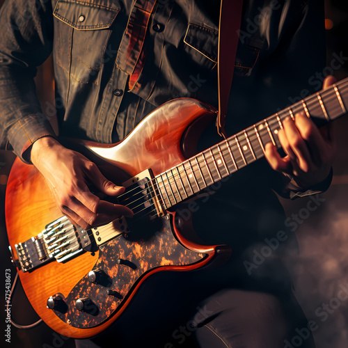 Close-up of a musician playing a guitar.