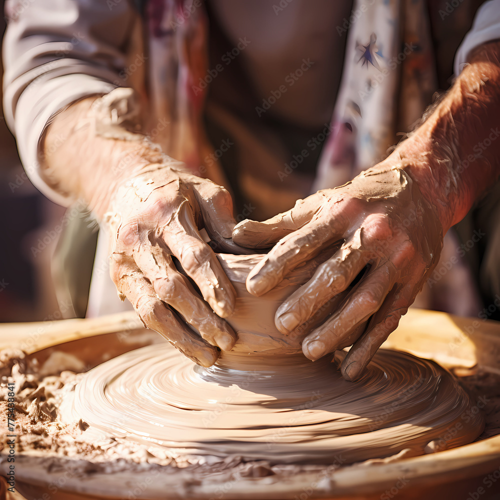 Close-up of a potters hands shaping clay. 