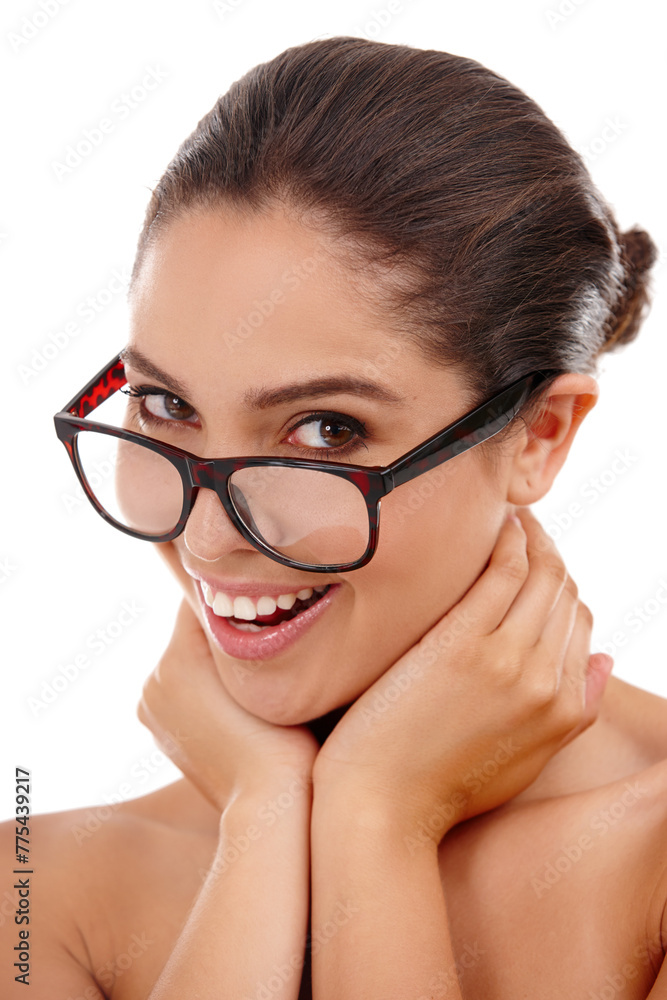 Woman, portrait and glasses in studio for sight, lens and confidence for frame or eyewear. Happy female person, eyecare and smile for eye insurance on white background, optometry and prescription Woman, portrait and glasses in studio for sight, lens and confidence for frame or eyewear. Happy female person, eyecare and smile for eye insurance on white background, optometry and prescription