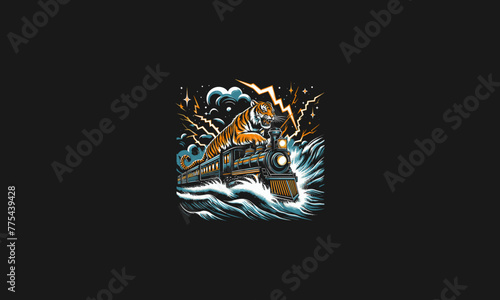 tiger riding train with lightning vector artwork design