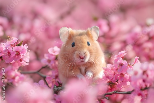Close up of hamster on background of pink flowers photo