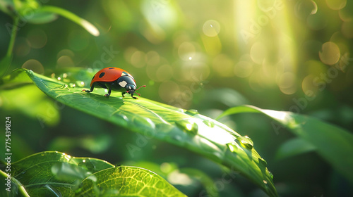 A tiny ladybug crawling on a fresh green leaf, adding a splash of vibrant red to the forest scenery.