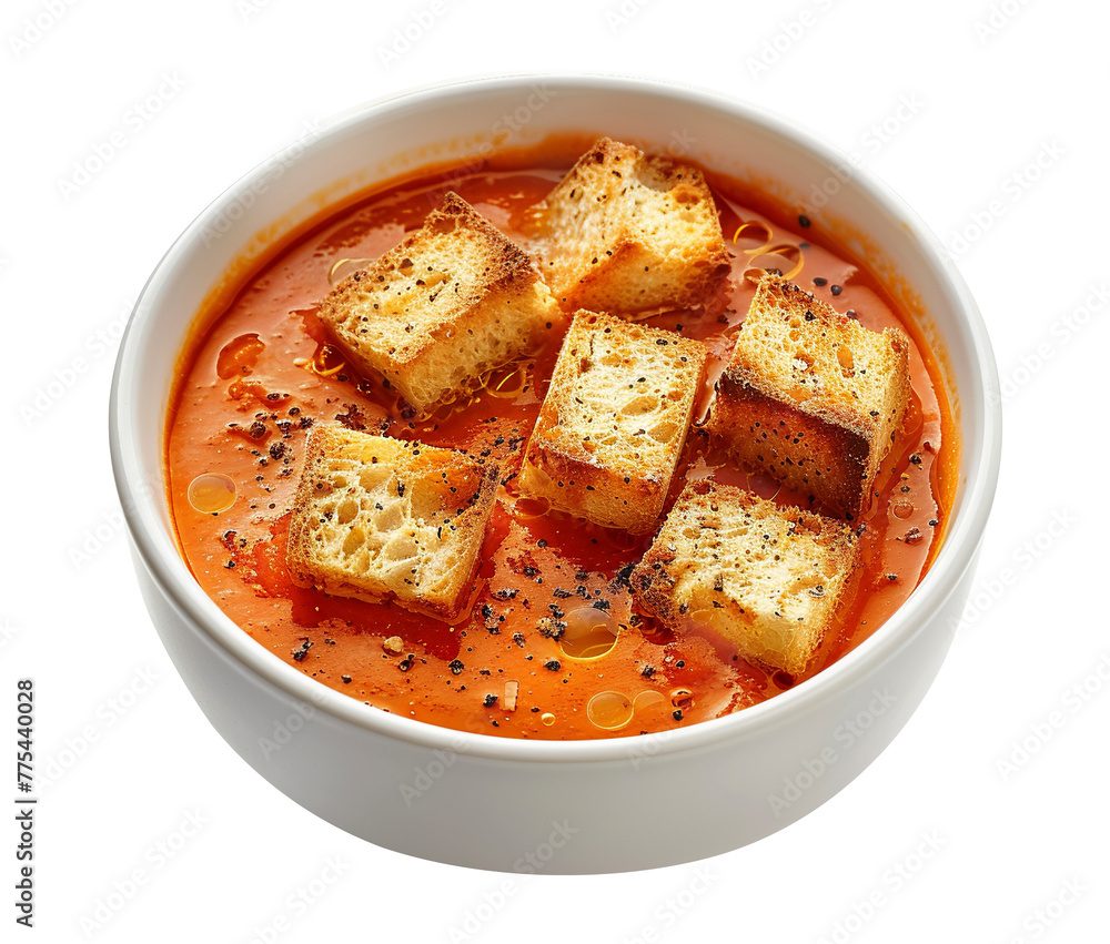 Roasted tomato soup with croutons on transparent background Roasted tomato soup with croutons on transparent background