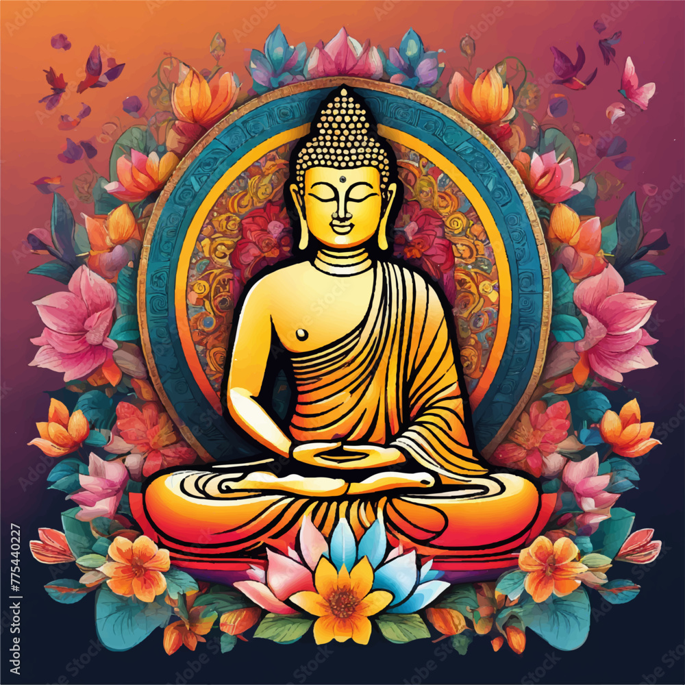 Obraz premium Buddha Siddhartha Shakyamuni meditating. Buddha sits in a lotus-like posture on a colorful cushion with flowers and birds on a background. Typography greeting card design. Buddhist festival Vector