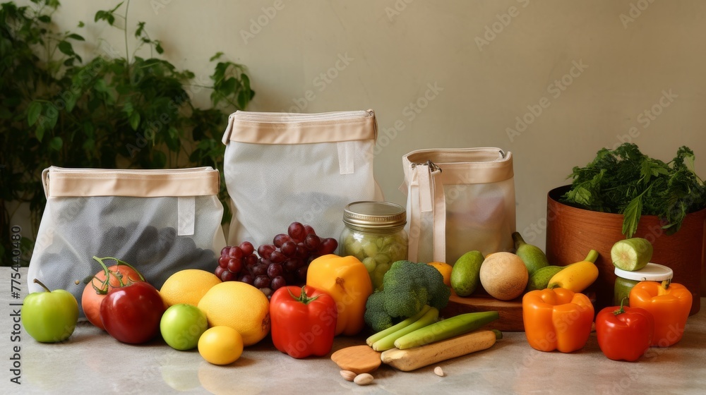 Fabric shopping bags and glass food storage containers on a natural stone kitchen table background, demonstrating a sustainable approach to shopping and storage, no text, no writing, no advertising - Fabric shopping bags and glass food storage containers on a natural stone kitchen table background, demonstrating a sustainable approach to shopping and storage, no text, no writing, no advertising -