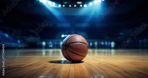 basketball ball on a floor of basketball arena, low angle, dim lights, dark blue atmosphere, immensely detailed, hyper realistic, photorealism photo