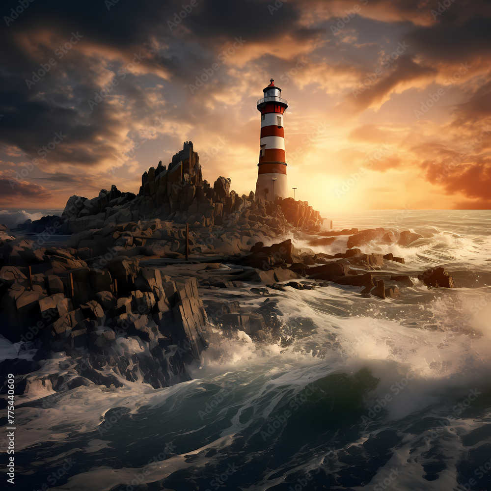 Lonely lighthouse on a rocky coastline. 