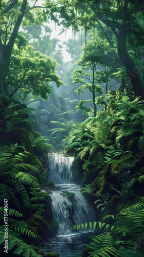 A tranquil greenery landscape  with a secluded waterfall nestled among towering trees and a carpet of lush ferns.