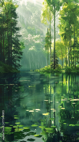 A tranquil greenery landscape  with a hidden lake surrounded by tall trees  their foliage reflecting in the calm waters.