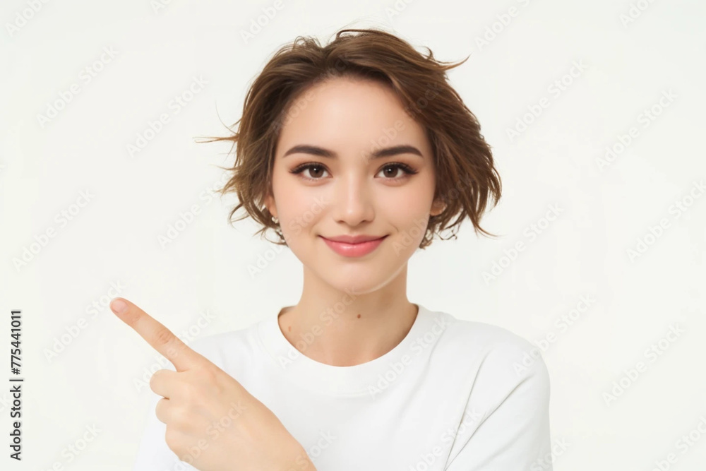 Hermosa jóven de cutis muy cuidado y bien maquillada, con su peinado informal, remera blanca, señala con su dedo a su derecha. Imagen ideal para publicitar tu producto. Hermosa jóven de cutis muy cuidado y bien maquillada, con su peinado informal, remera blanca, señala con su dedo a su derecha. Imagen ideal para publicitar tu producto.
