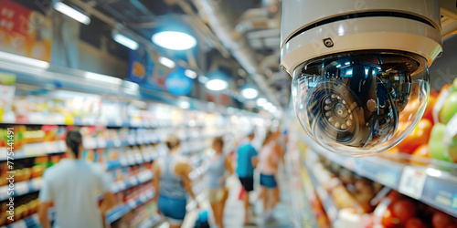 Surveillance camera monitoring customers in a supermarket aisle.. © ChaoticDesignStudio
