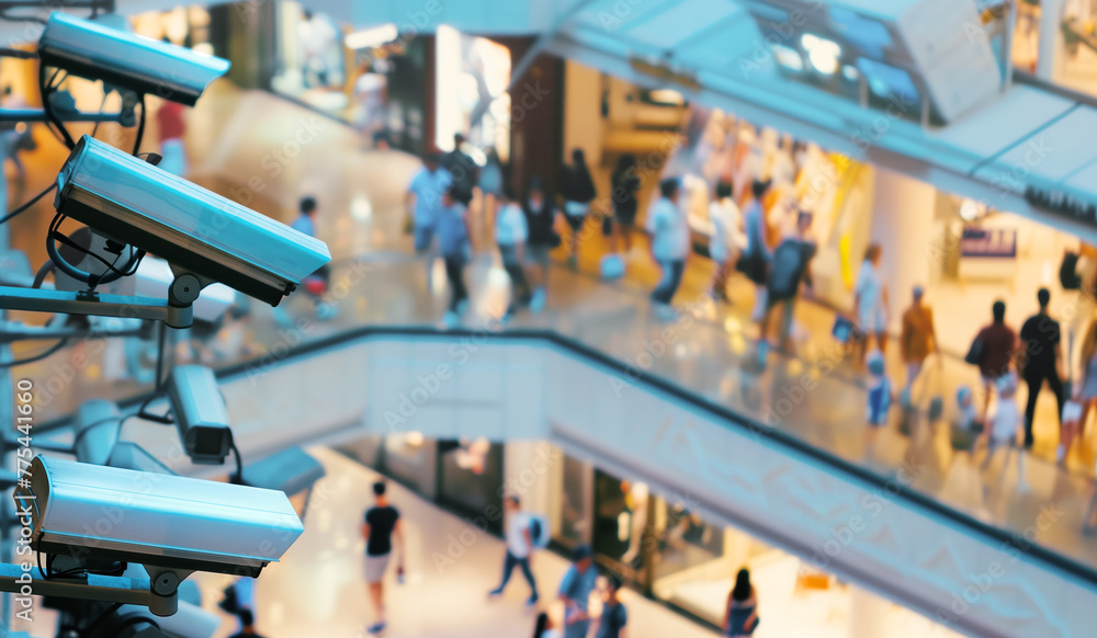 Fototapeta premium Security cameras mounted in a shopping mall above walking customers